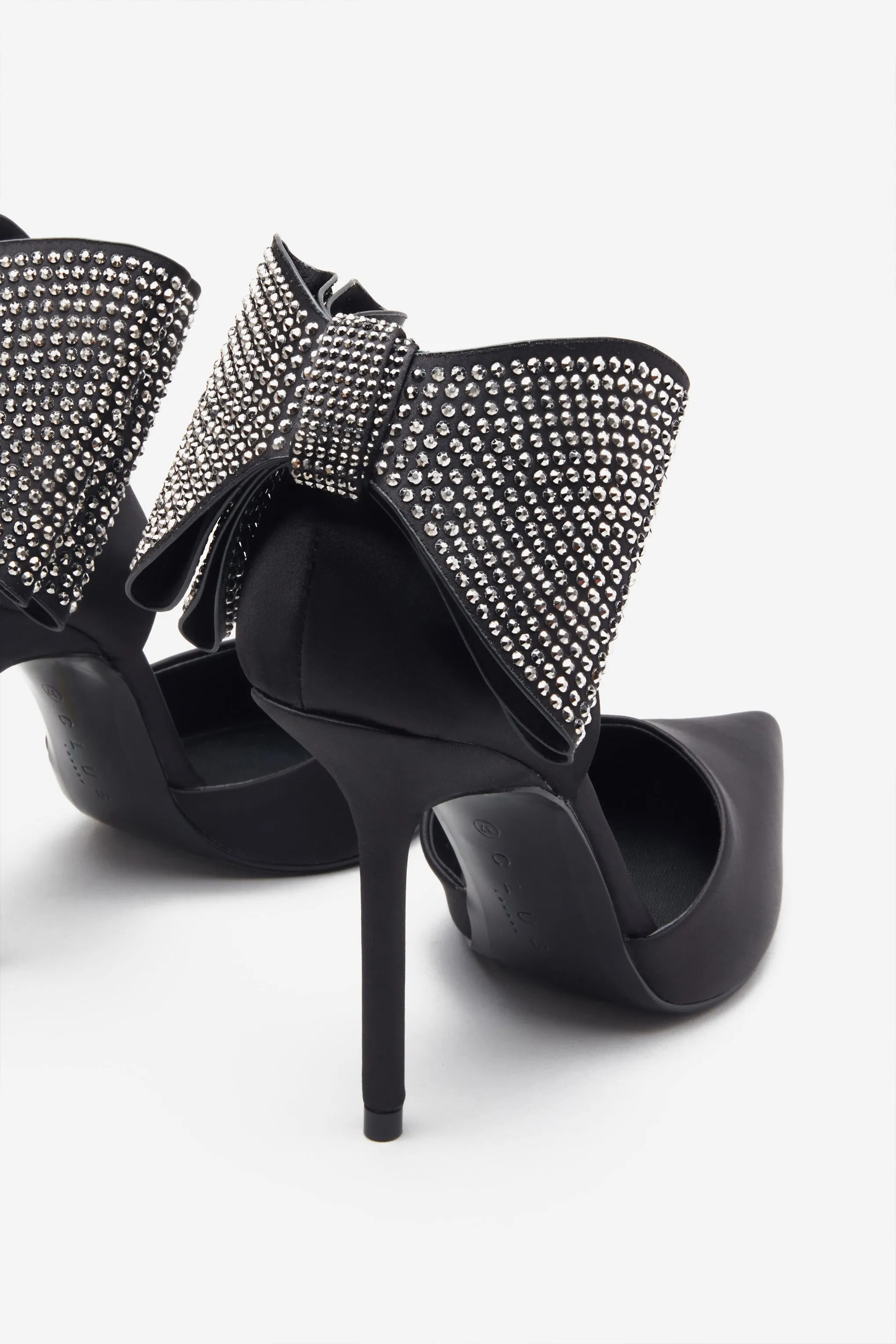 Flashing Lights | Black Satin Pointed Court Heels With Diamante Bows