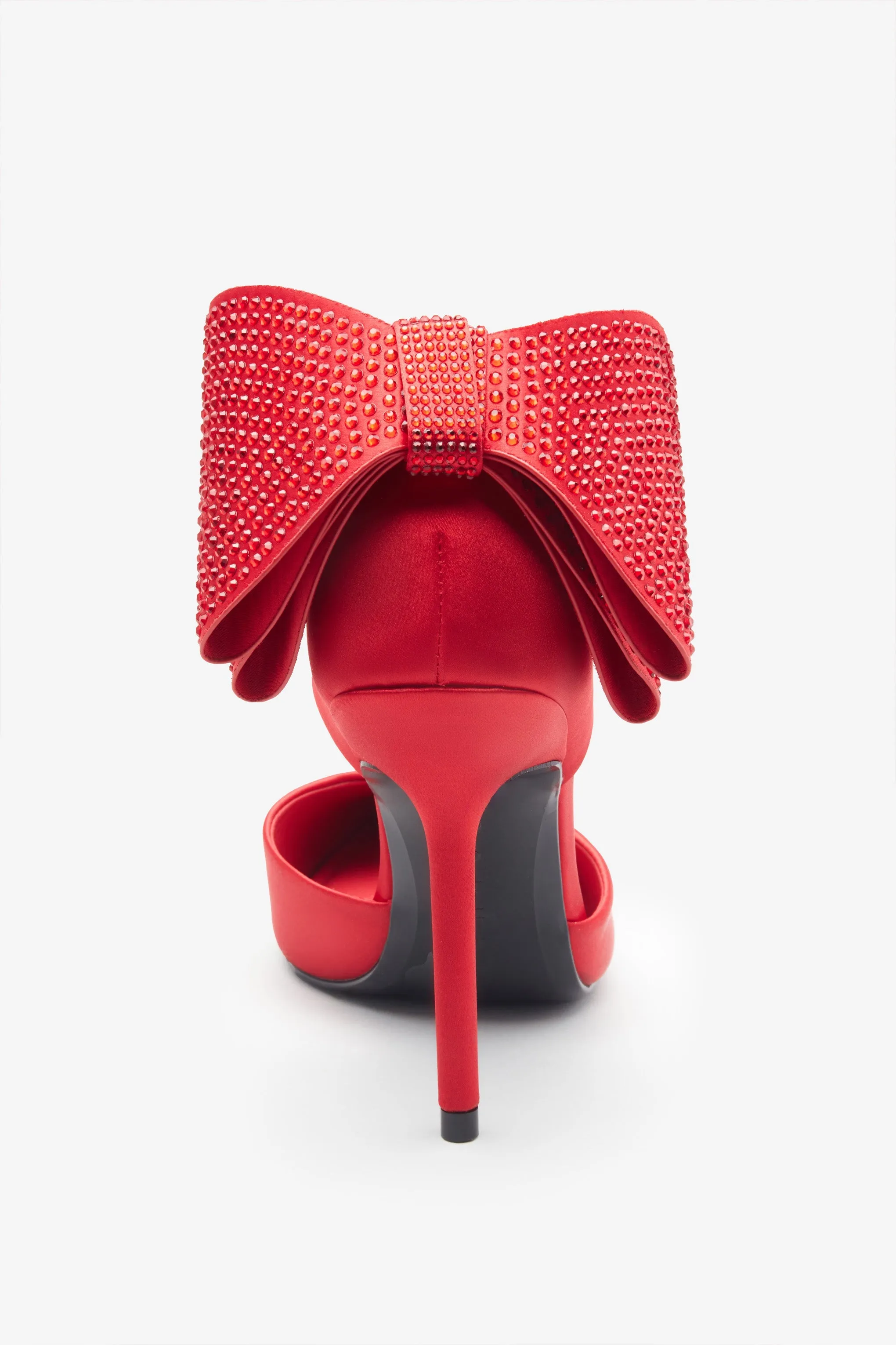 Flashing Lights | Red Satin Pointed Court Heels With Diamante Bows