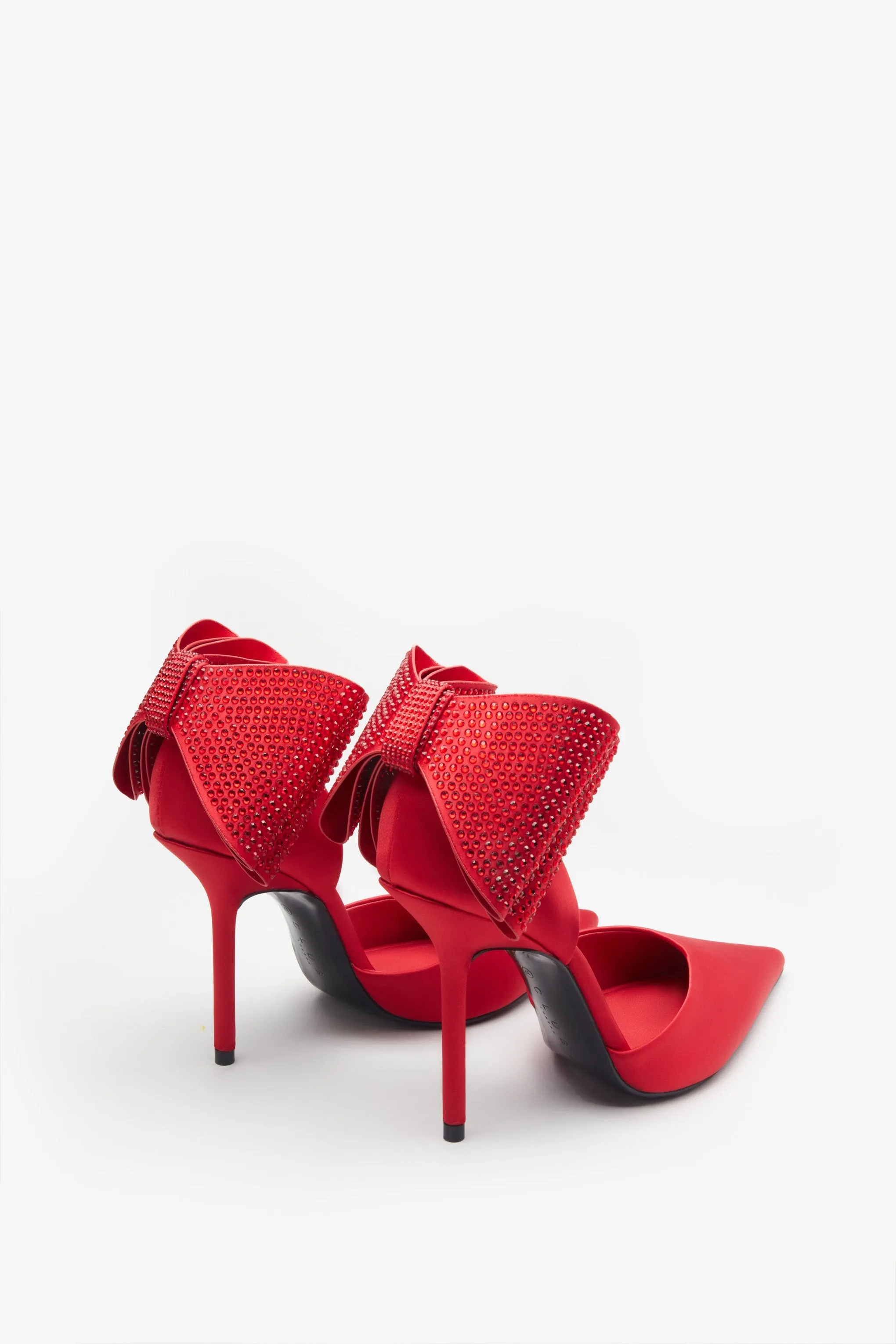 Flashing Lights | Red Satin Pointed Court Heels With Diamante Bows