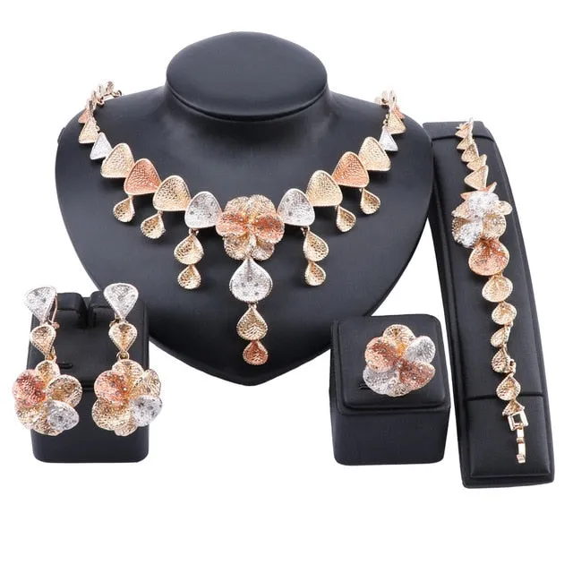 Flower and Shell Crystal Necklace, Bracelet, Earrings & Ring Wedding Jewelry Set