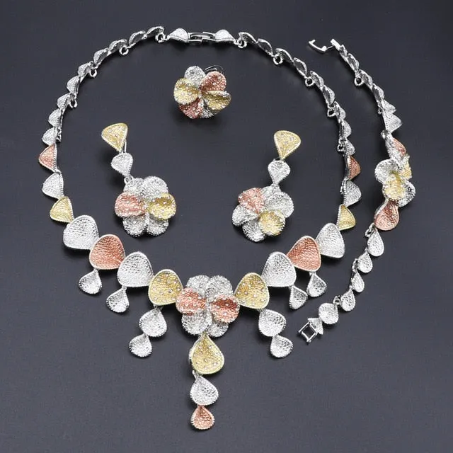 Flower and Shell Crystal Necklace, Bracelet, Earrings & Ring Wedding Jewelry Set