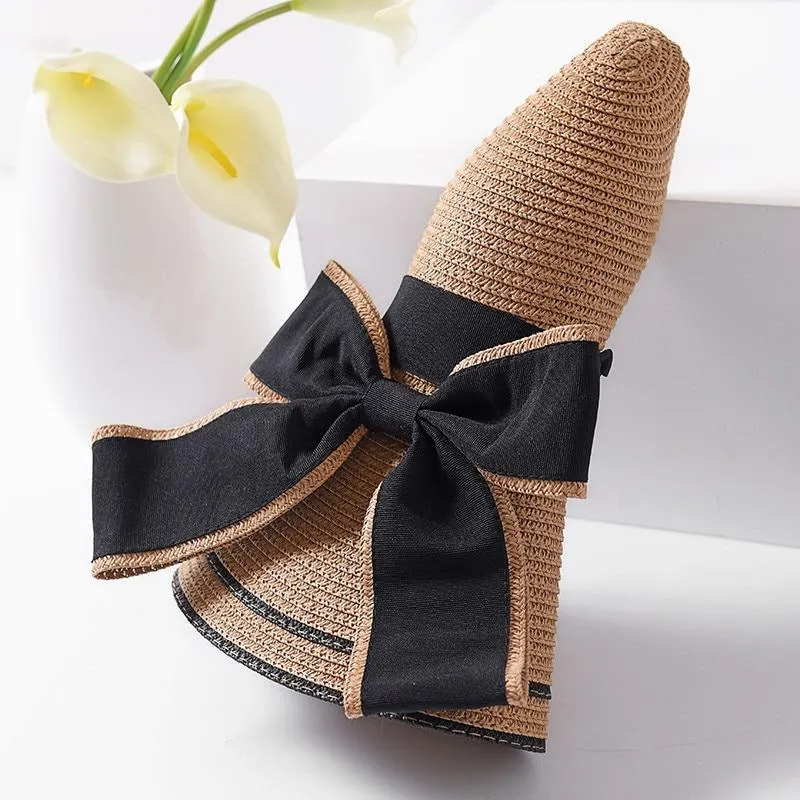 Foldable Floppy Straw Sun Hat with Silk Ribbon Bow