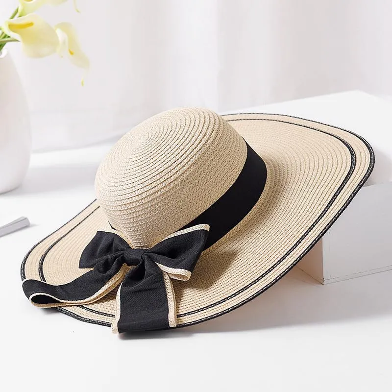 Foldable Floppy Straw Sun Hat with Silk Ribbon Bow