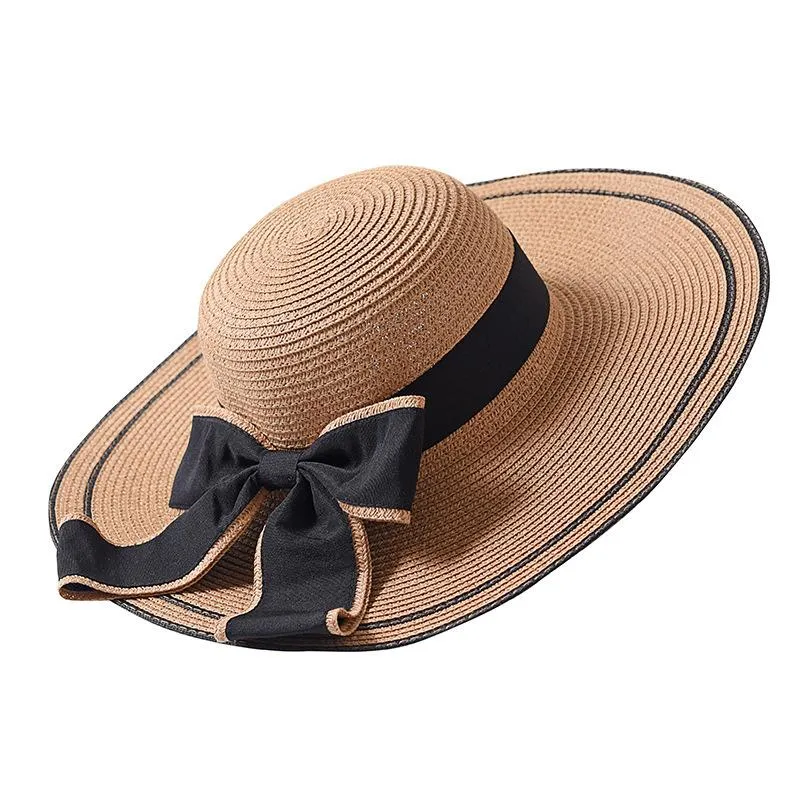 Foldable Floppy Straw Sun Hat with Silk Ribbon Bow