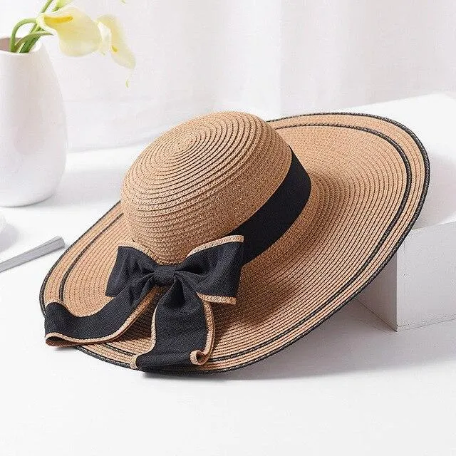 Foldable Floppy Straw Sun Hat with Silk Ribbon Bow