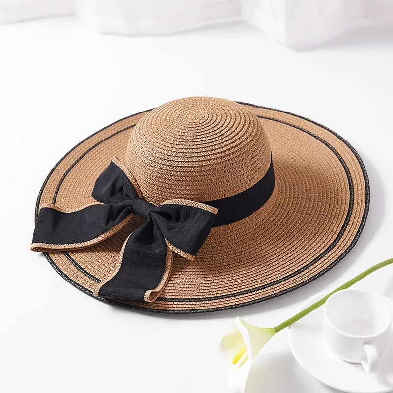 Foldable Floppy Straw Sun Hat with Silk Ribbon Bow