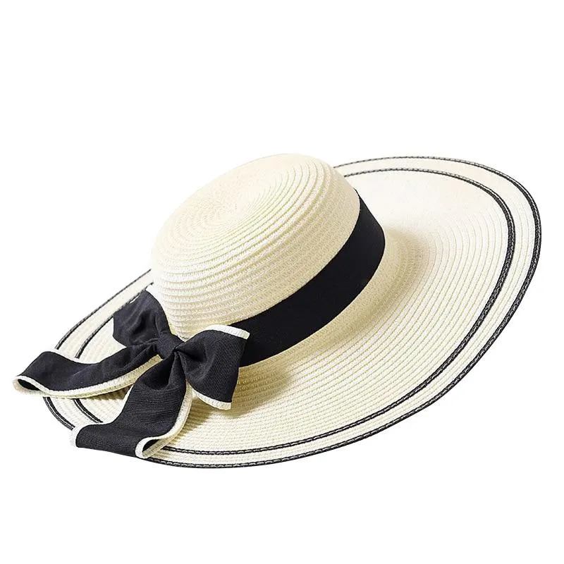 Foldable Floppy Straw Sun Hat with Silk Ribbon Bow