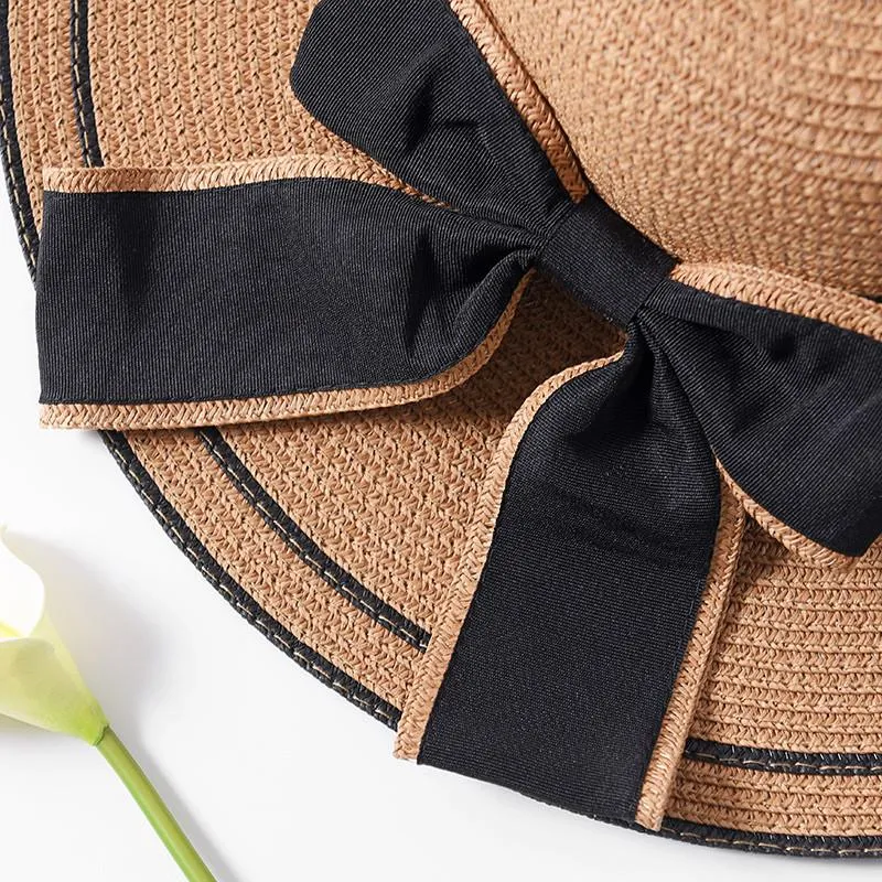 Foldable Floppy Straw Sun Hat with Silk Ribbon Bow