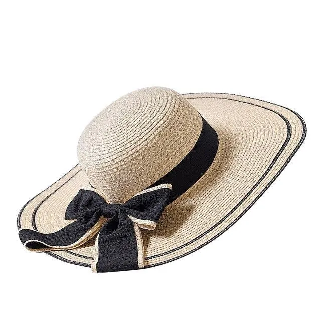 Foldable Floppy Straw Sun Hat with Silk Ribbon Bow