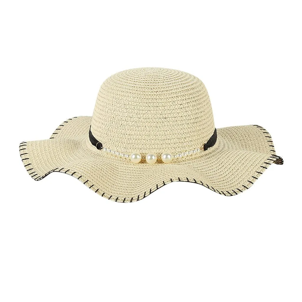 Foldable Floppy Wide Brim Straw Sun Hat with Pearls