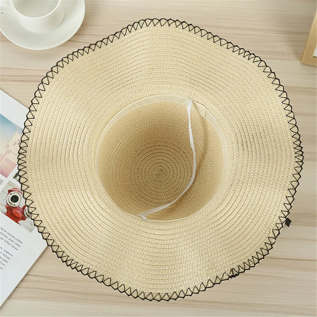 Foldable Floppy Wide Brim Straw Sun Hat with Pearls