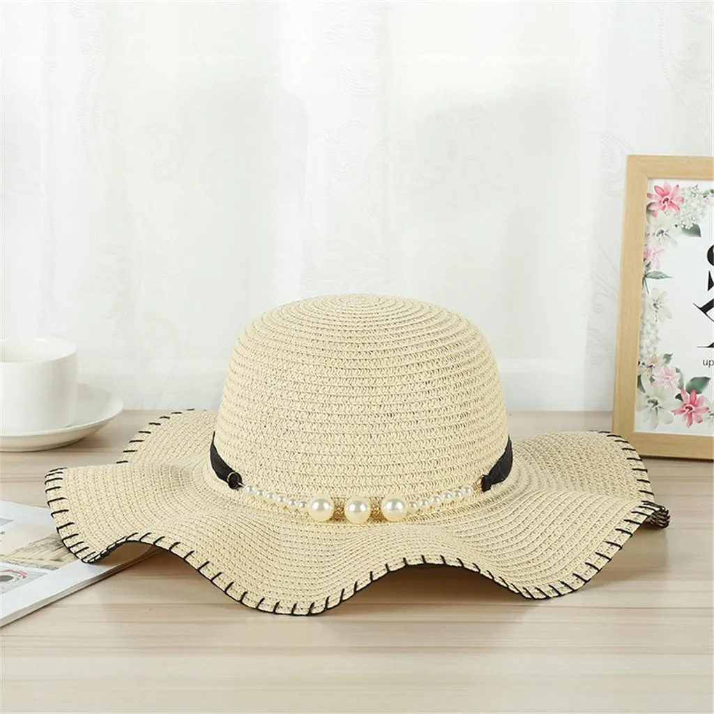 Foldable Floppy Wide Brim Straw Sun Hat with Pearls