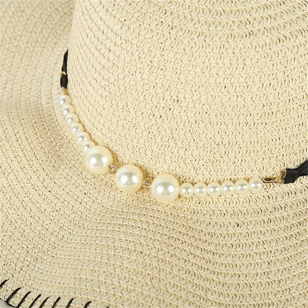 Foldable Floppy Wide Brim Straw Sun Hat with Pearls