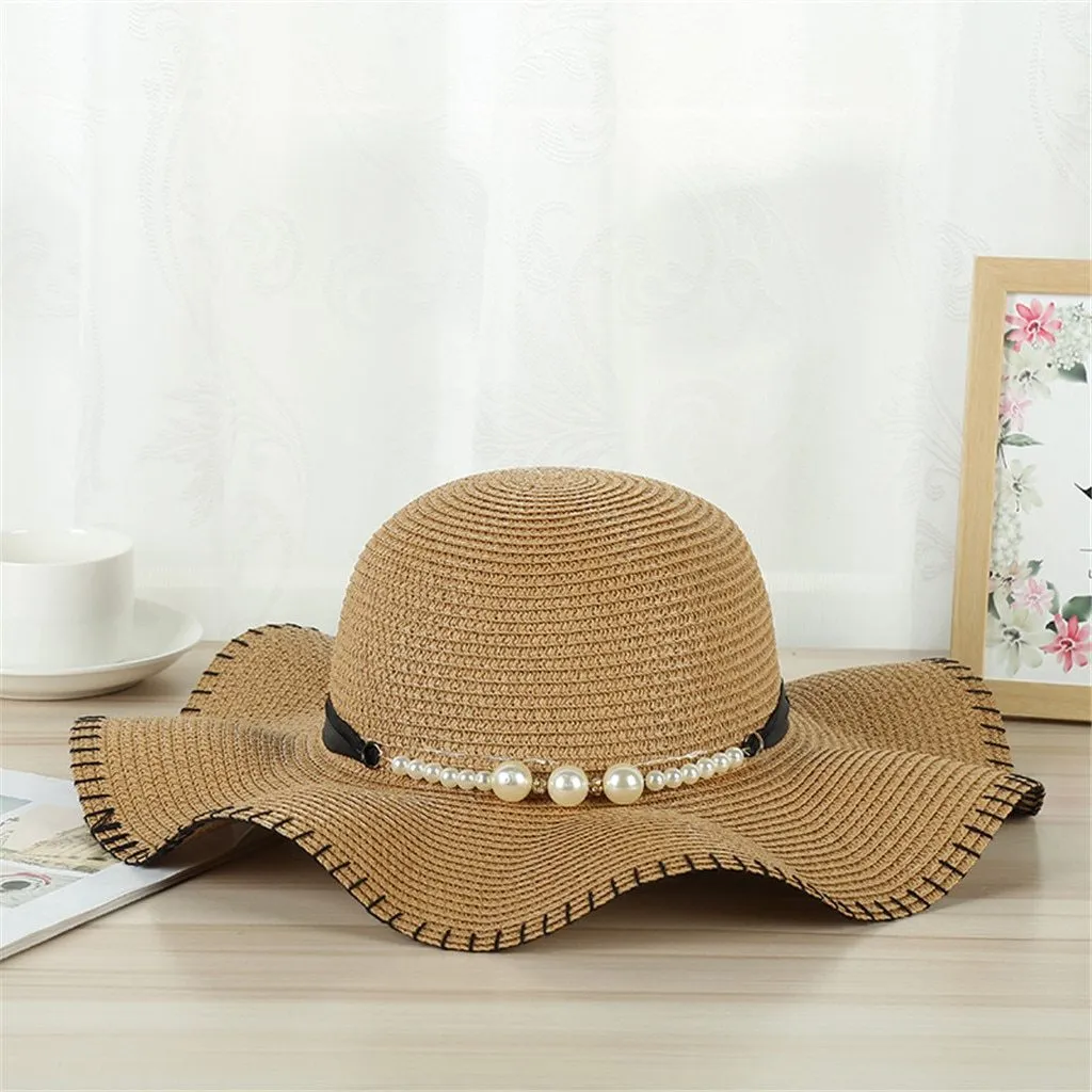 Foldable Floppy Wide Brim Straw Sun Hat with Pearls