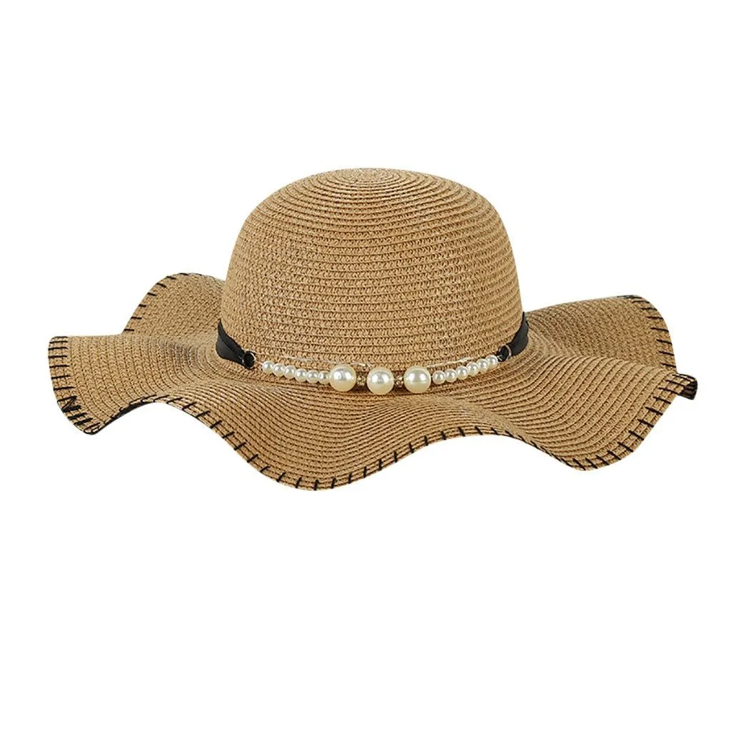 Foldable Floppy Wide Brim Straw Sun Hat with Pearls