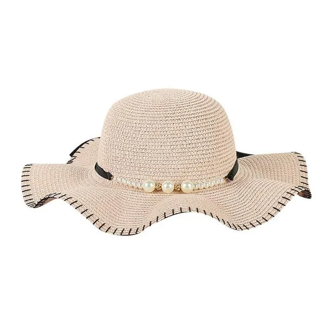 Foldable Floppy Wide Brim Straw Sun Hat with Pearls