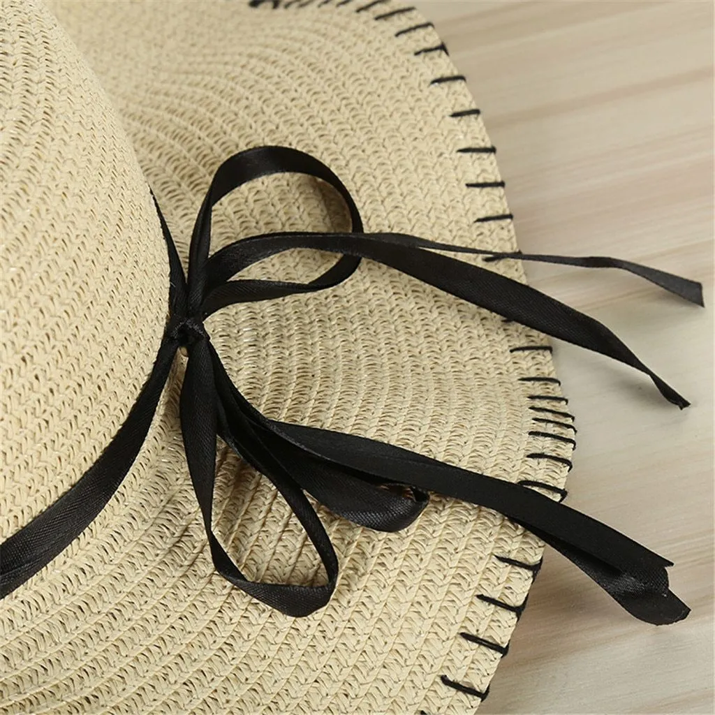 Foldable Floppy Wide Brim Straw Sun Hat with Pearls