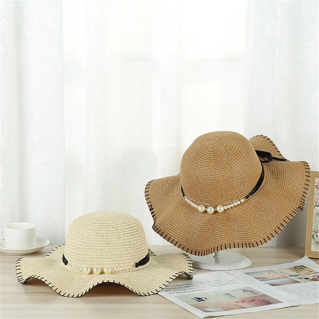 Foldable Floppy Wide Brim Straw Sun Hat with Pearls