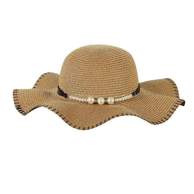 Foldable Floppy Wide Brim Straw Sun Hat with Pearls