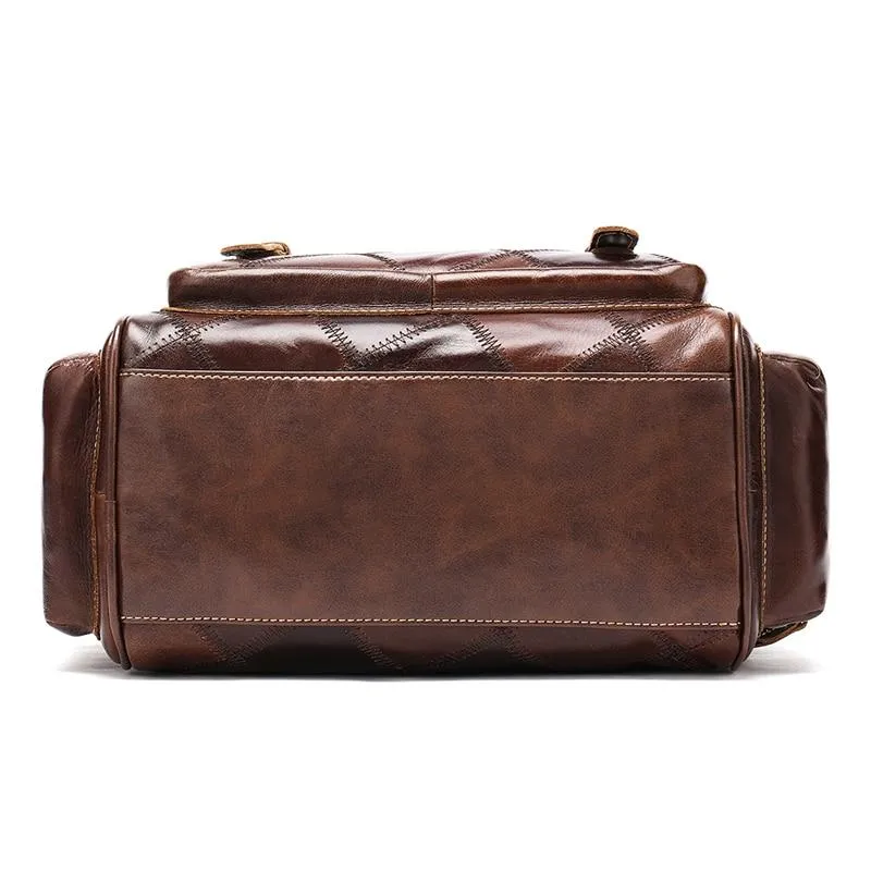 Genuine Leather School Bag with Brown Plaid Design