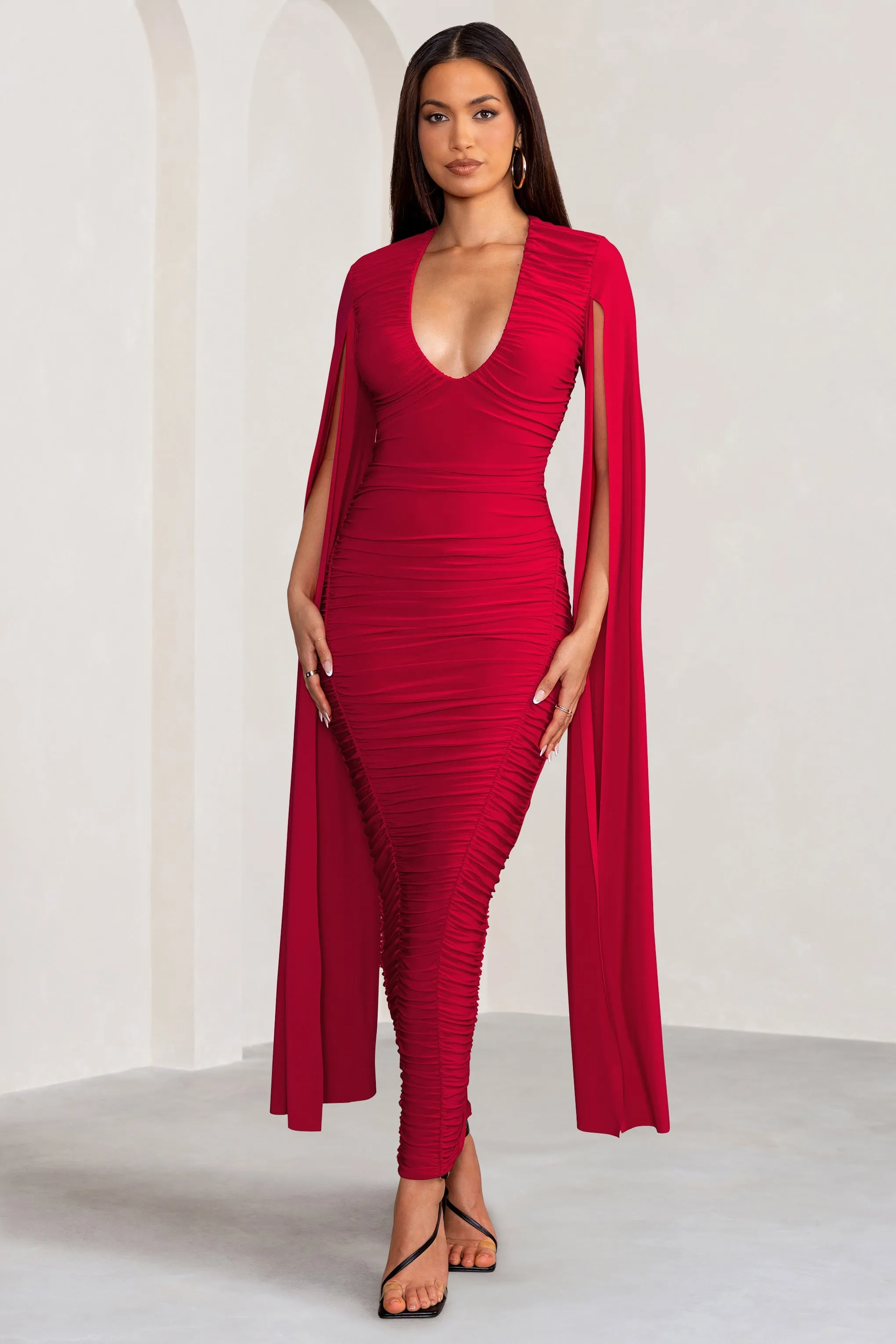 Georgiana | Red Plunge Ruched Maxi Dress with Cape Sleeves