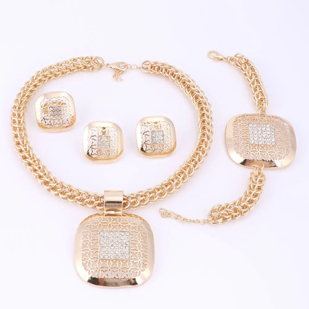 Gold-Plated Square Crystal Necklace, Bracelet, Earrings & Ring Wedding Statement Jewelry Set