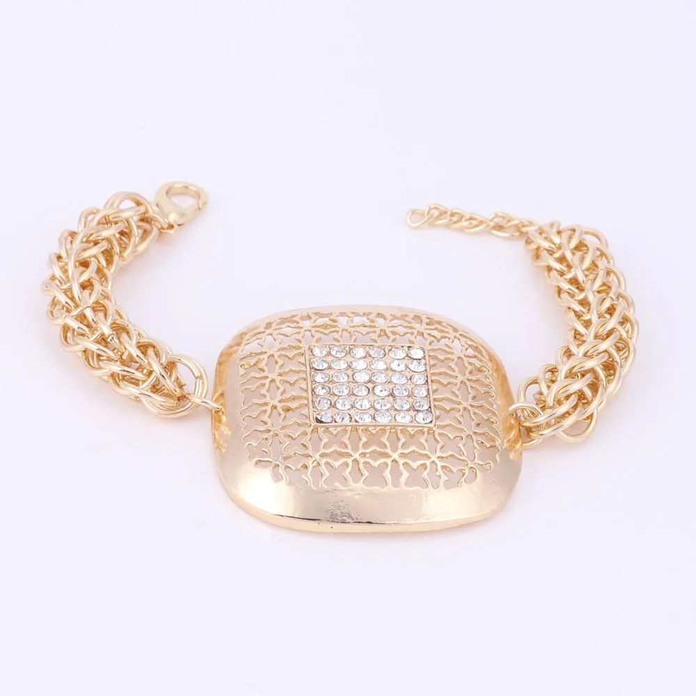 Gold-Plated Square Crystal Necklace, Bracelet, Earrings & Ring Wedding Statement Jewelry Set