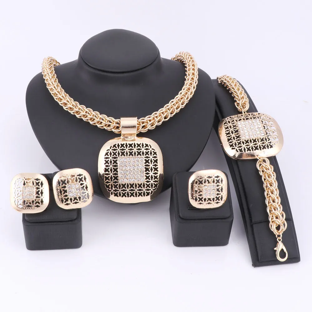 Gold-Plated Square Crystal Necklace, Bracelet, Earrings & Ring Wedding Statement Jewelry Set