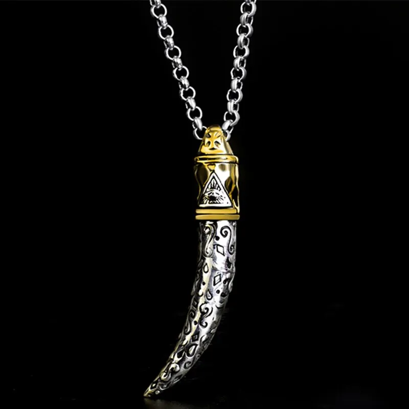 Gold-Plated Wolf's Fang 925 Sterling Silver Vintage Punk Long Pendant Necklace