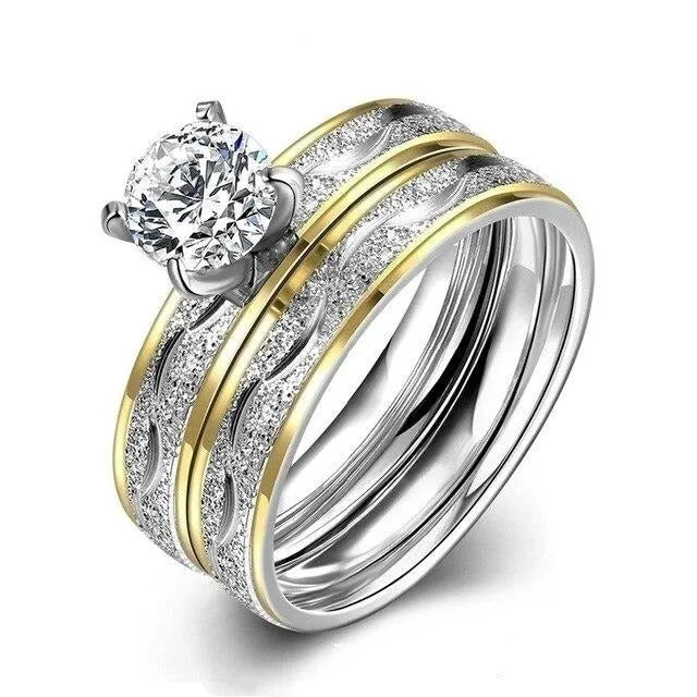 Gold/Silver and Cubic Zirconia Stainless Steel Wedding Ring Set