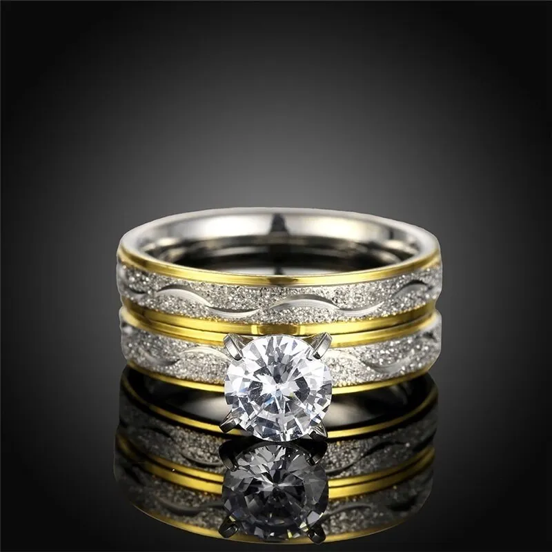 Gold/Silver and Cubic Zirconia Stainless Steel Wedding Ring Set