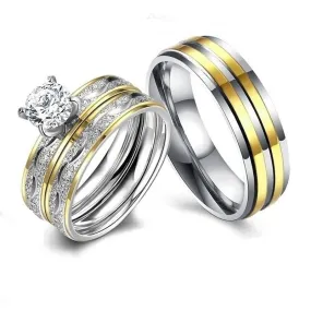 Gold/Silver and Cubic Zirconia Stainless Steel Wedding Ring Set