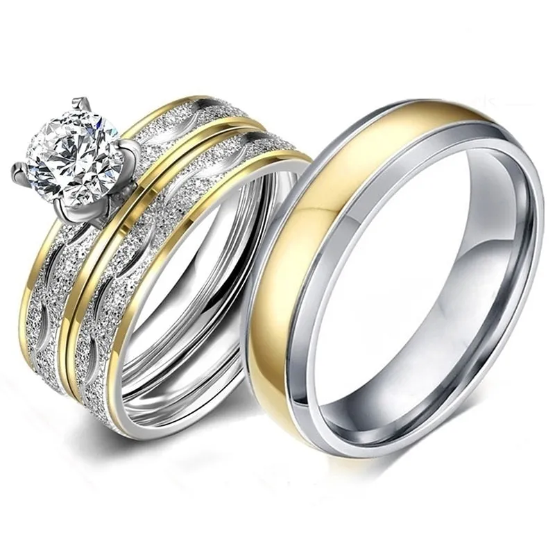 Gold/Silver Cubic Zirconia Stainless Steel Wedding Ring Set