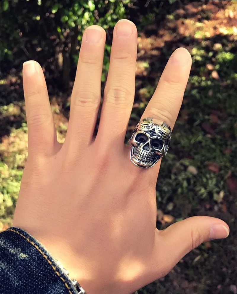 Gothic Skull Aviator Glasses 925 Sterling Silver Vintage Punk Biker Ring