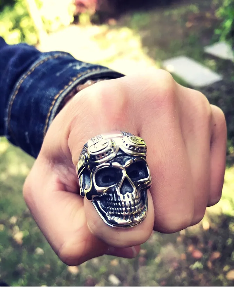 Gothic Skull Aviator Glasses 925 Sterling Silver Vintage Punk Biker Ring