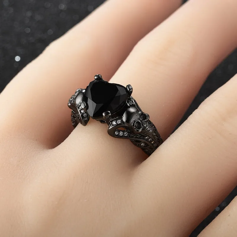 Gothic Skull Heart Crystal and Cubic Zirconia Punk Wedding Ring