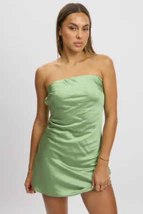 Green Strapless Dress Back Tie Satin Mini