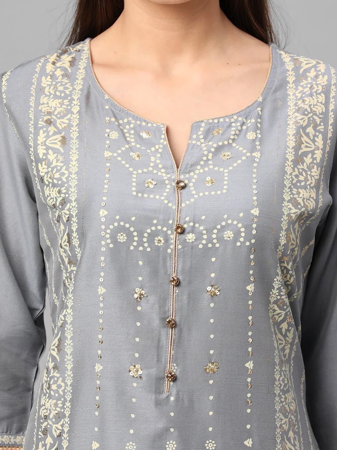 Grey Ornamental Printed Kurta With Skirt