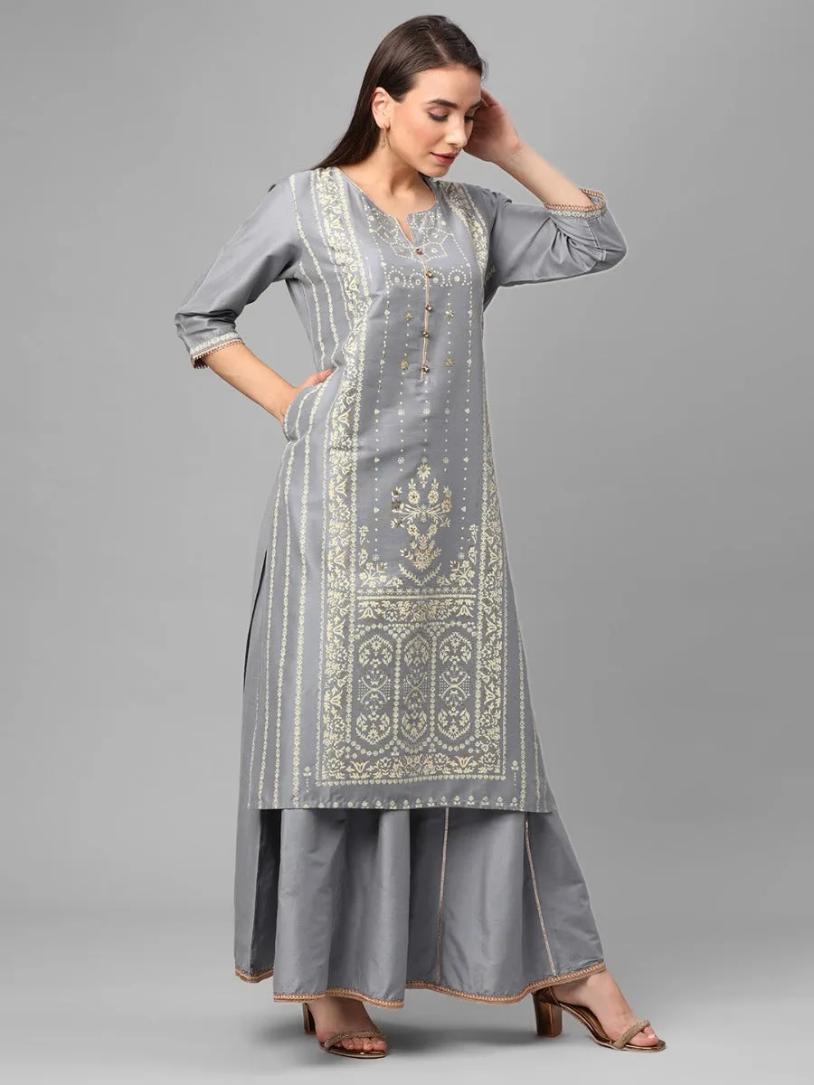 Grey Ornamental Printed Kurta With Skirt