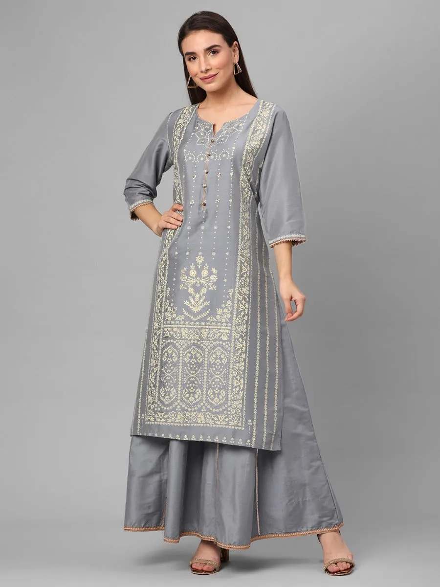 Grey Ornamental Printed Kurta With Skirt