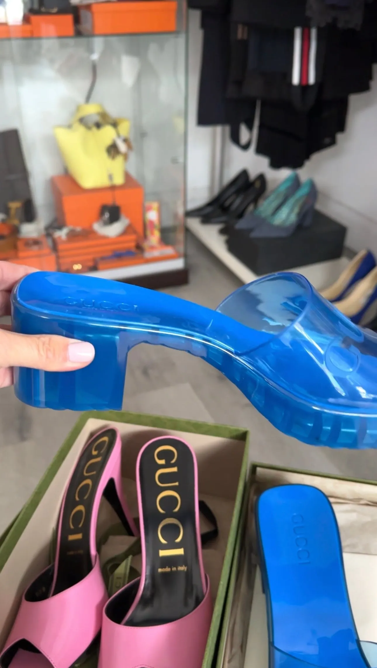 Gucci Blue Jelly Block Heel Logo Sandals - 40