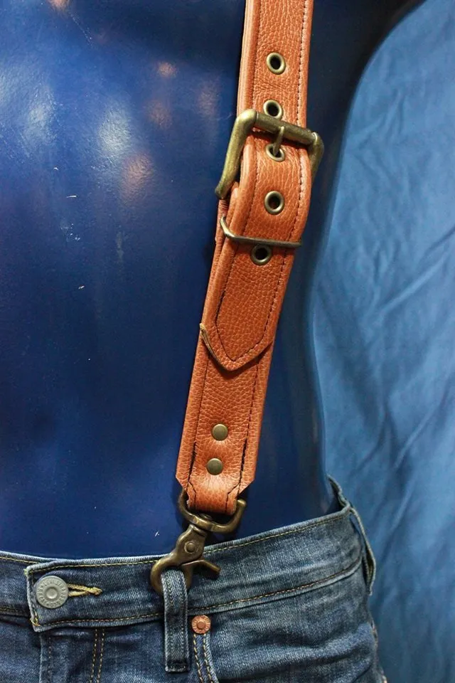 Handmade Brown Leather Suspenders, Antique Brass Hardware, Custom Fit!