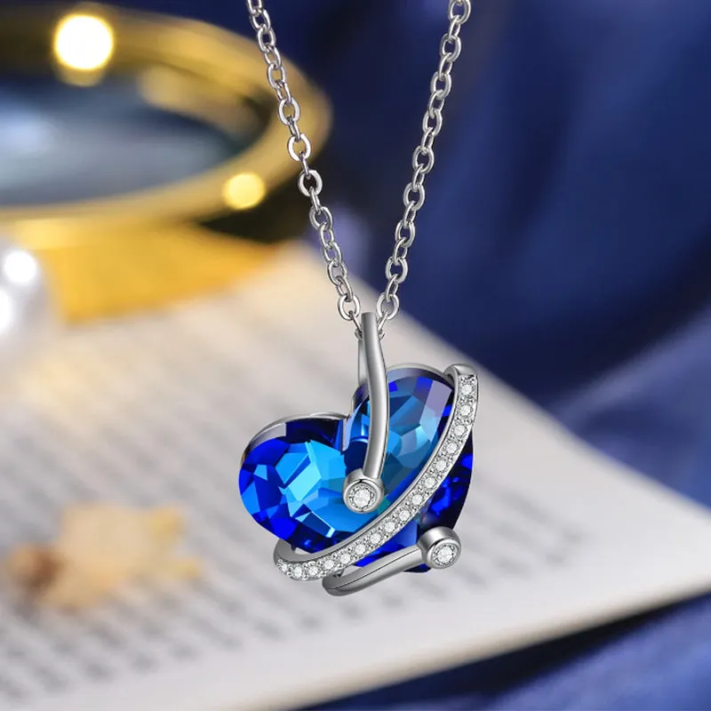 Heart Shaped Zircon Crystal Rhodium Plated Blue Pendant Necklace Gift