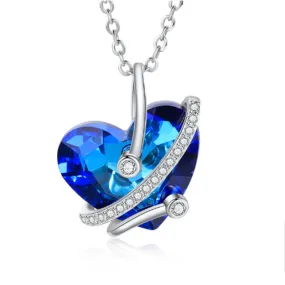 Heart Shaped Zircon Crystal Rhodium Plated Blue Pendant Necklace Gift