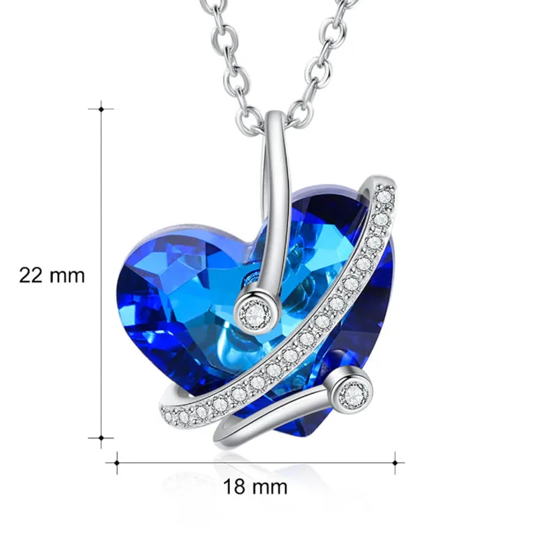 Heart Shaped Zircon Crystal Rhodium Plated Blue Pendant Necklace Gift