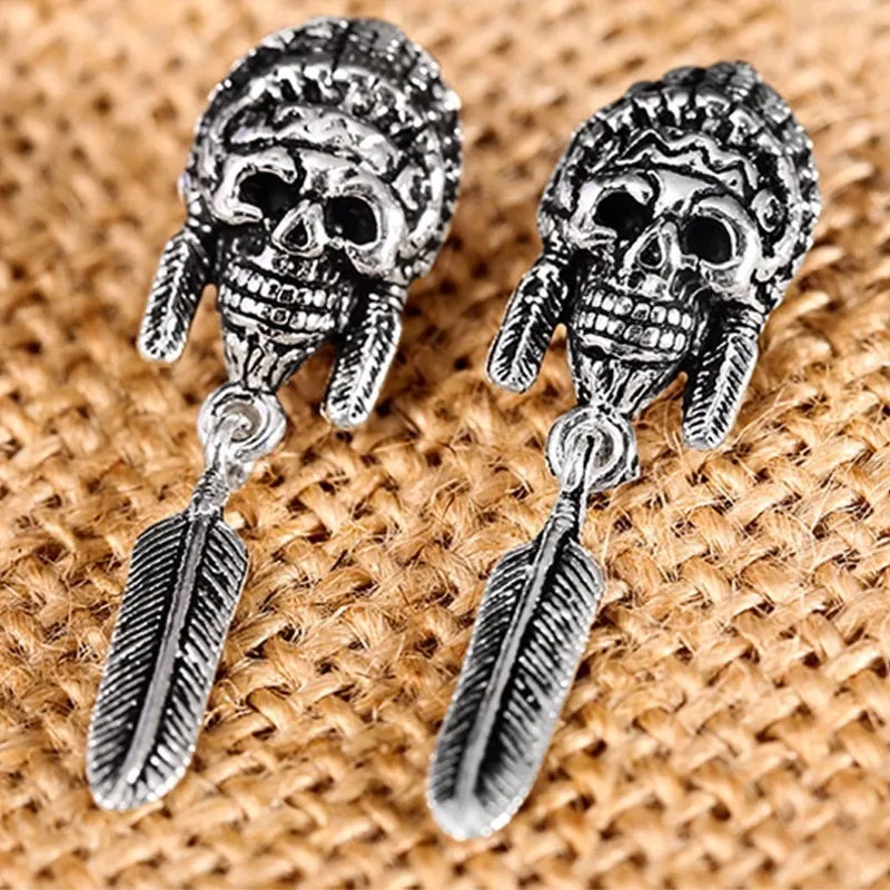 Indian Skull and Feather 925 Sterling Silver Vintage Punk Fashion Long Stud Earrings