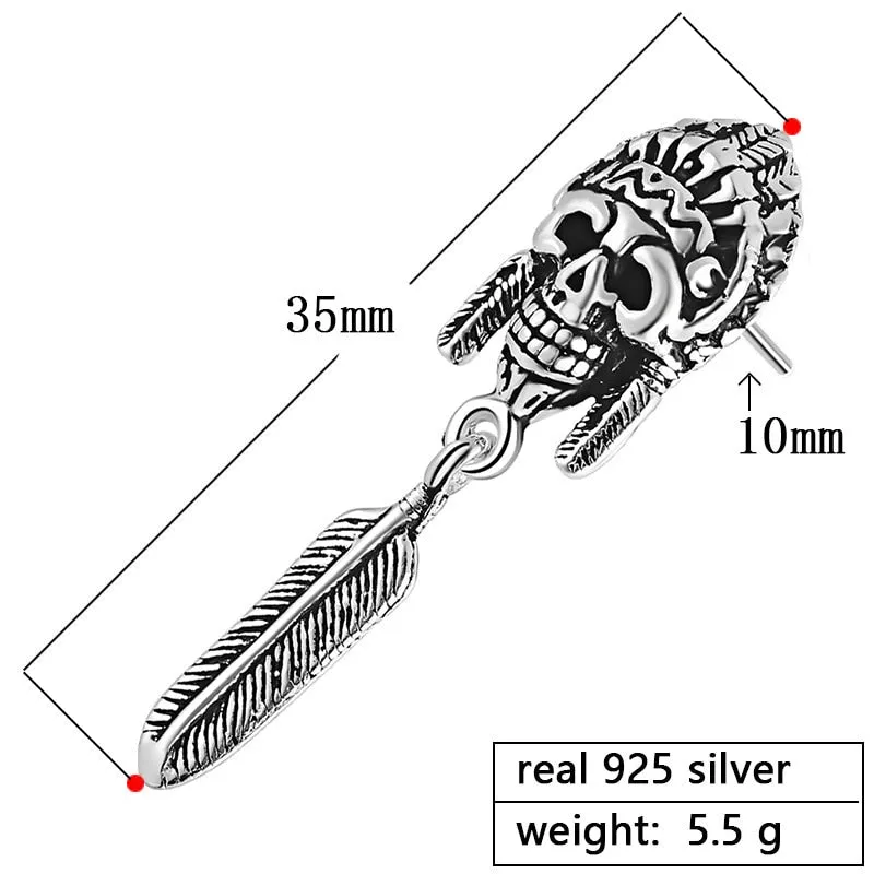 Indian Skull and Feather 925 Sterling Silver Vintage Punk Fashion Long Stud Earrings