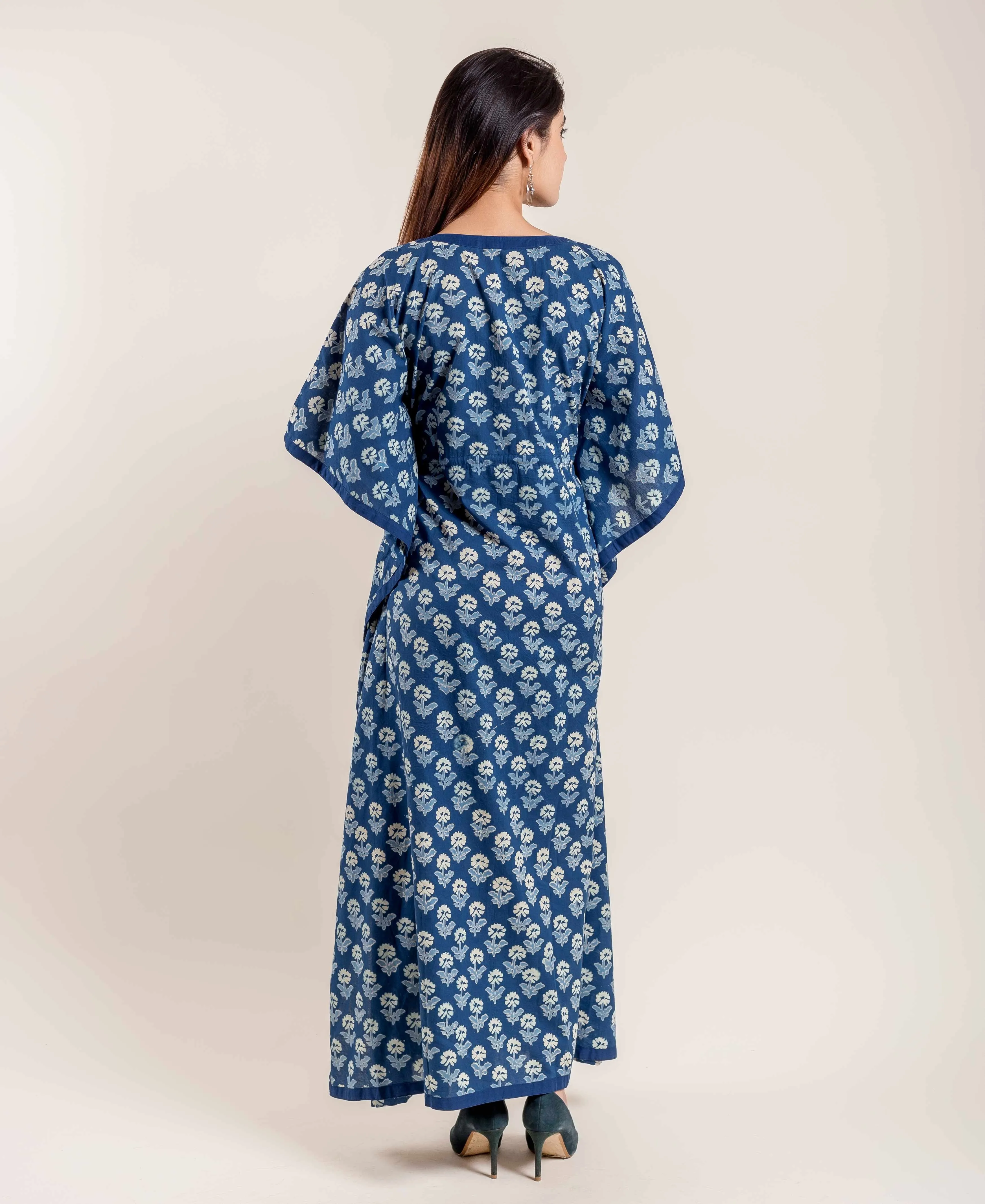 Indigo Floral Hand Block Printed V Neck Kaftan