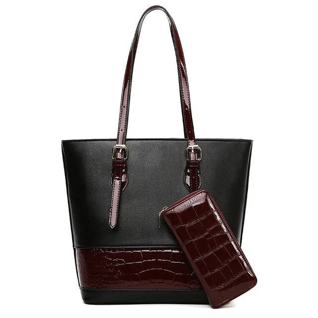 Large Capacity Crocodile Patchwork PU Leather Purse, Tote Bag, Shoulder Bag and Handbag Set