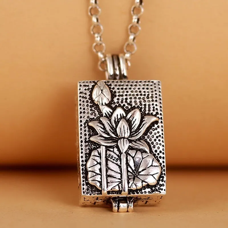 Lotus Prayer Box 925 Sterling Silver Vintage Pendant Necklace